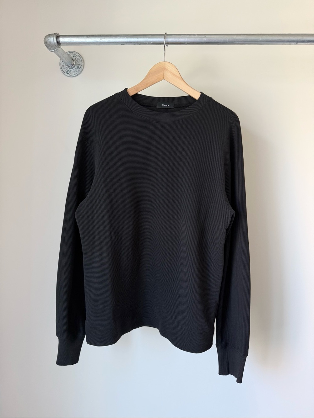 Theory Men's Black Ribbed Cotton Crewneck Sweater Designer